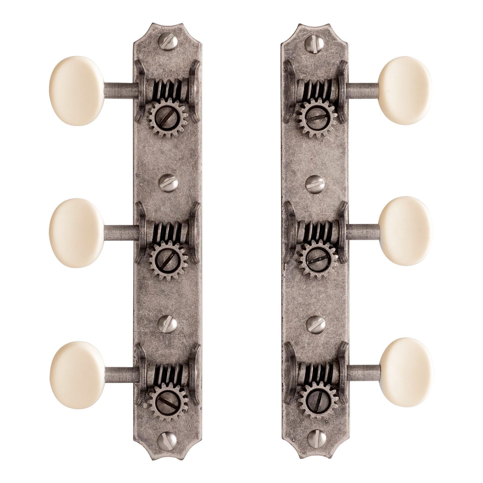 Golden Age Restoration Tuners for Solid Peghead Guitar with Scallop-end, Relic nickel, cream knobs