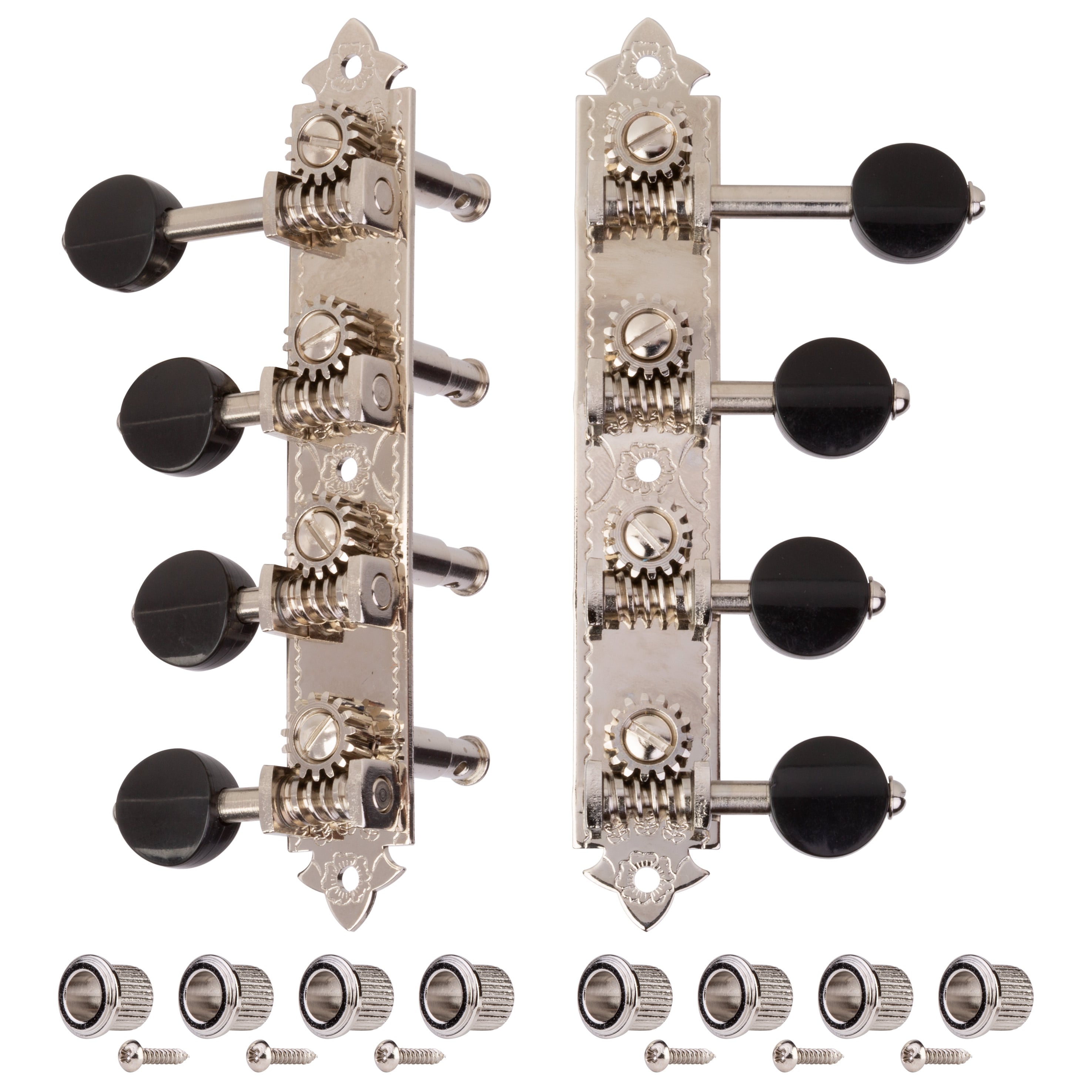 Golden Age F-style Mandolin Tuners, Bright nickel with black knobs