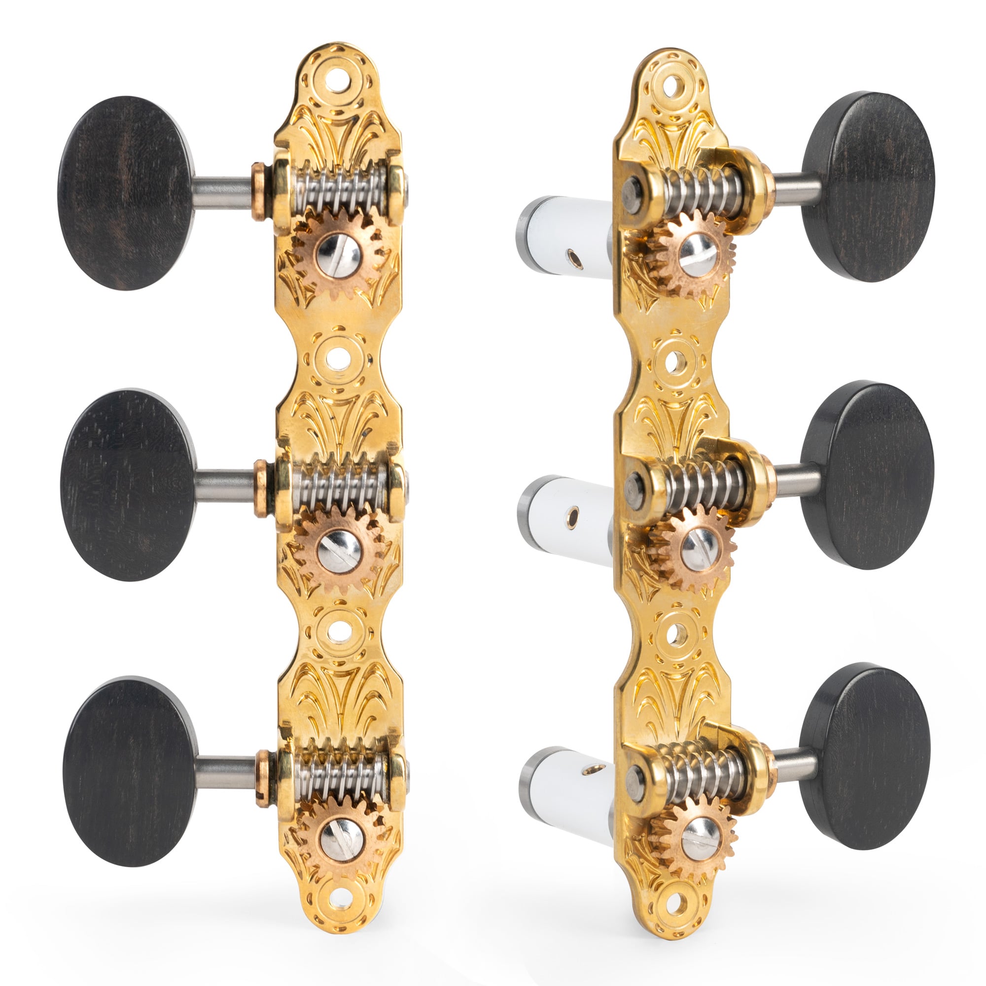 Sloane Classical Guitar Tuners with Ebony Knobs and Deco Baseplates, Bright Brass, White Rollers