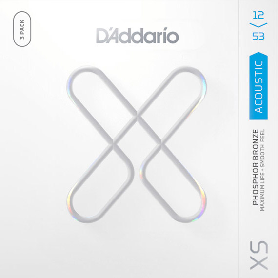 D'Addario XS Phosphor Bronze Acoustic Guitar Strings, 3-pack, Light (XSAPB1253-3P)