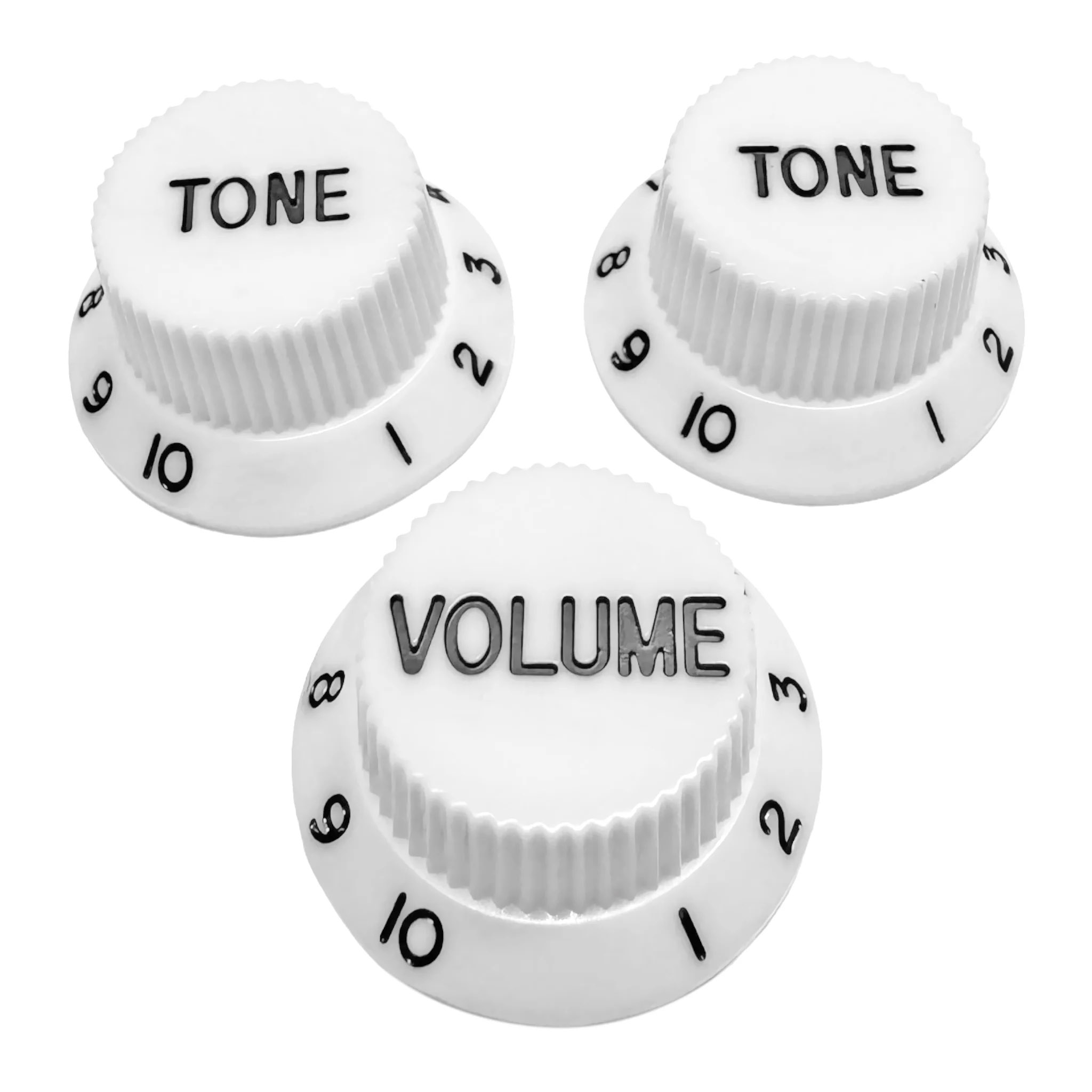 StewMac Volume + Tone Knobs for Strat - Set of 3, White with Black Type