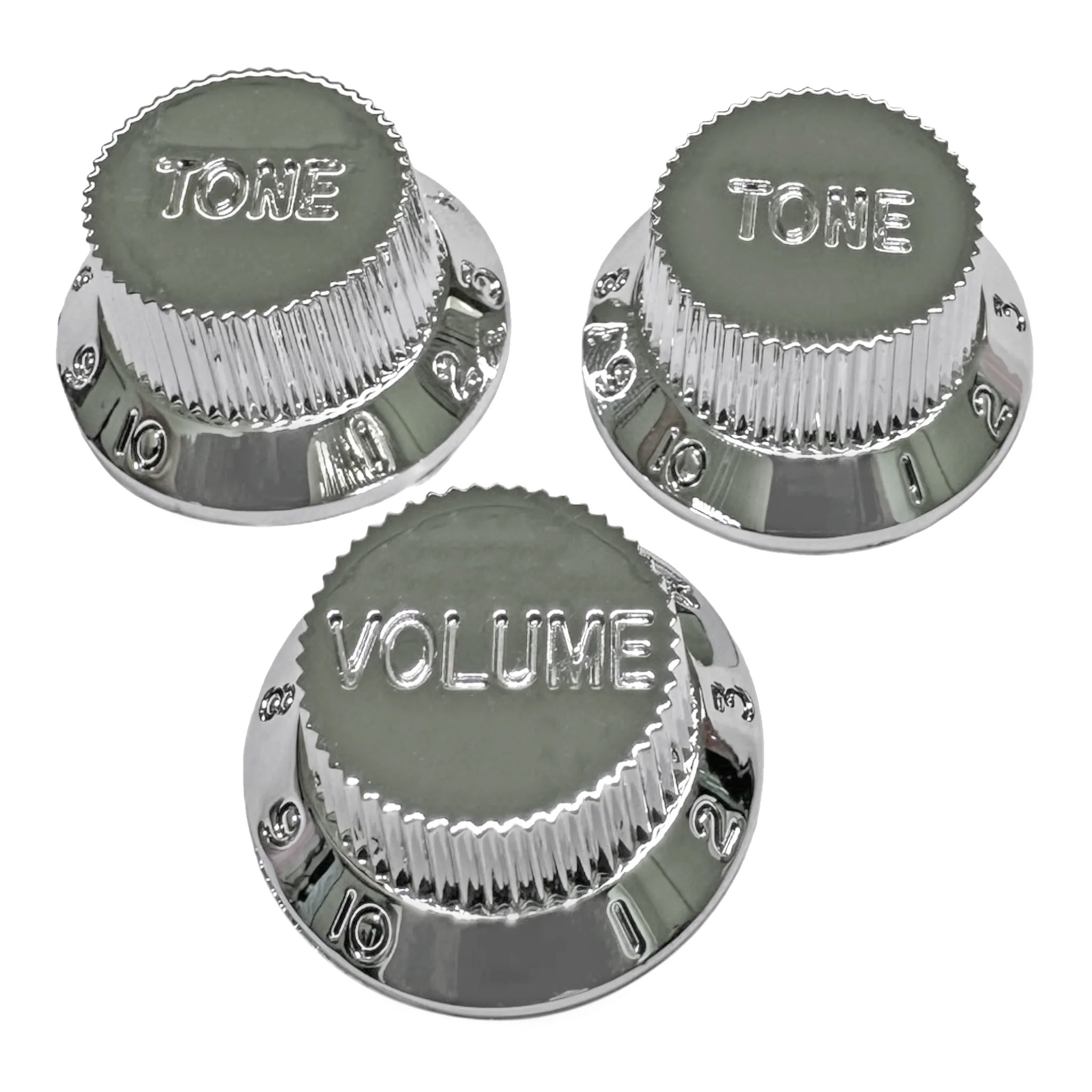 StewMac Volume + Tone Knobs for Strat - Set of 3, Chrome
