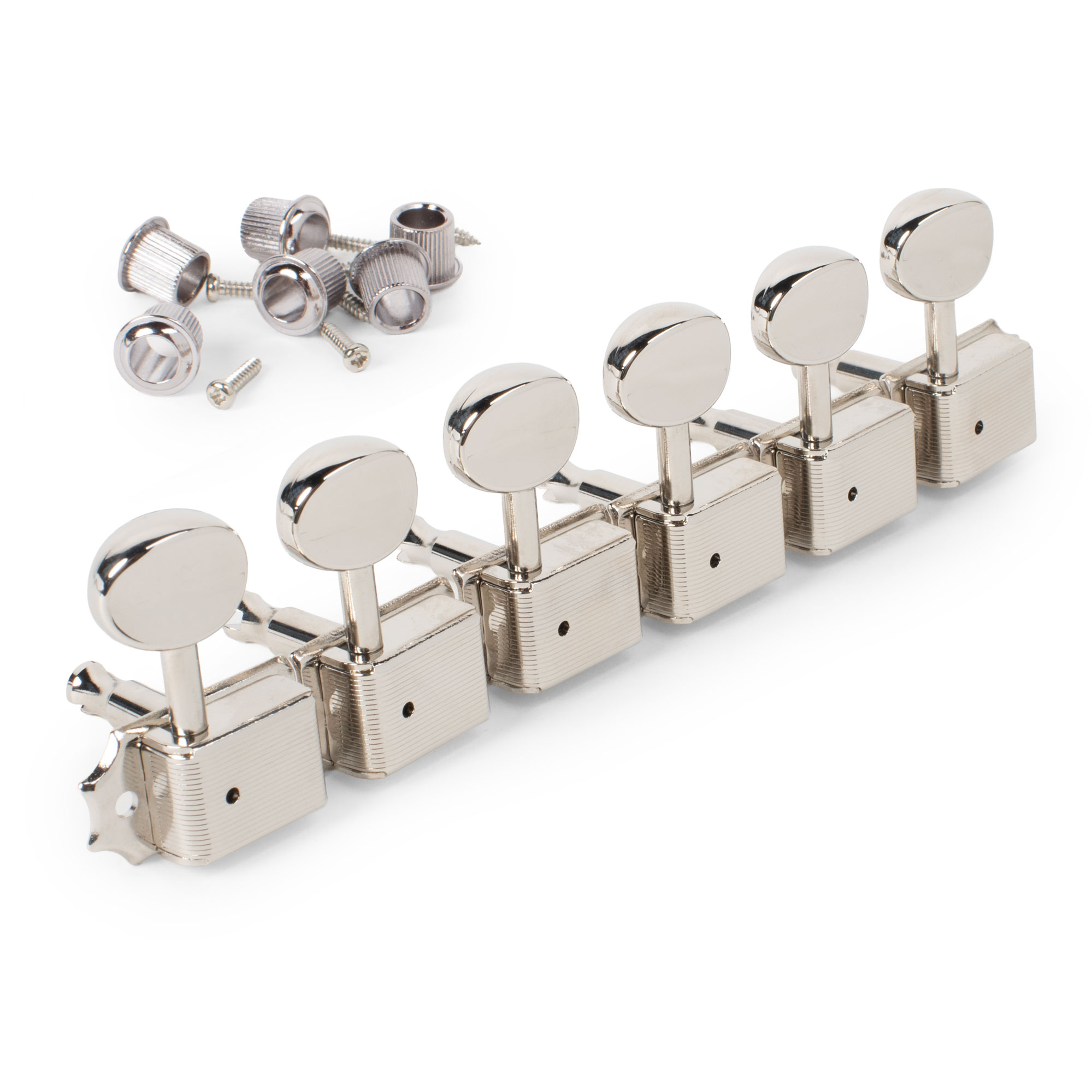 Golden Age Vintage-style Oval Knob 6-In-Line Tuners, Nickel